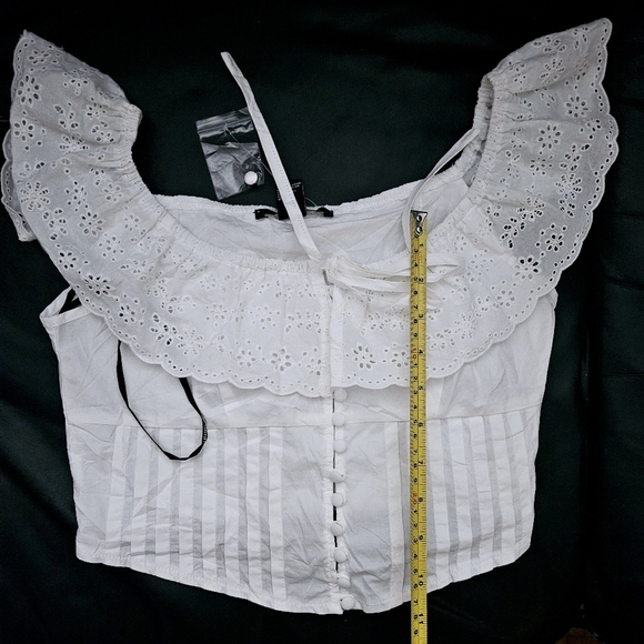 Forever 21 White Eyelet Ruffle Off The Shoulder Open Crop Top Sz XS 100% Cotton - Picture 7 of 7